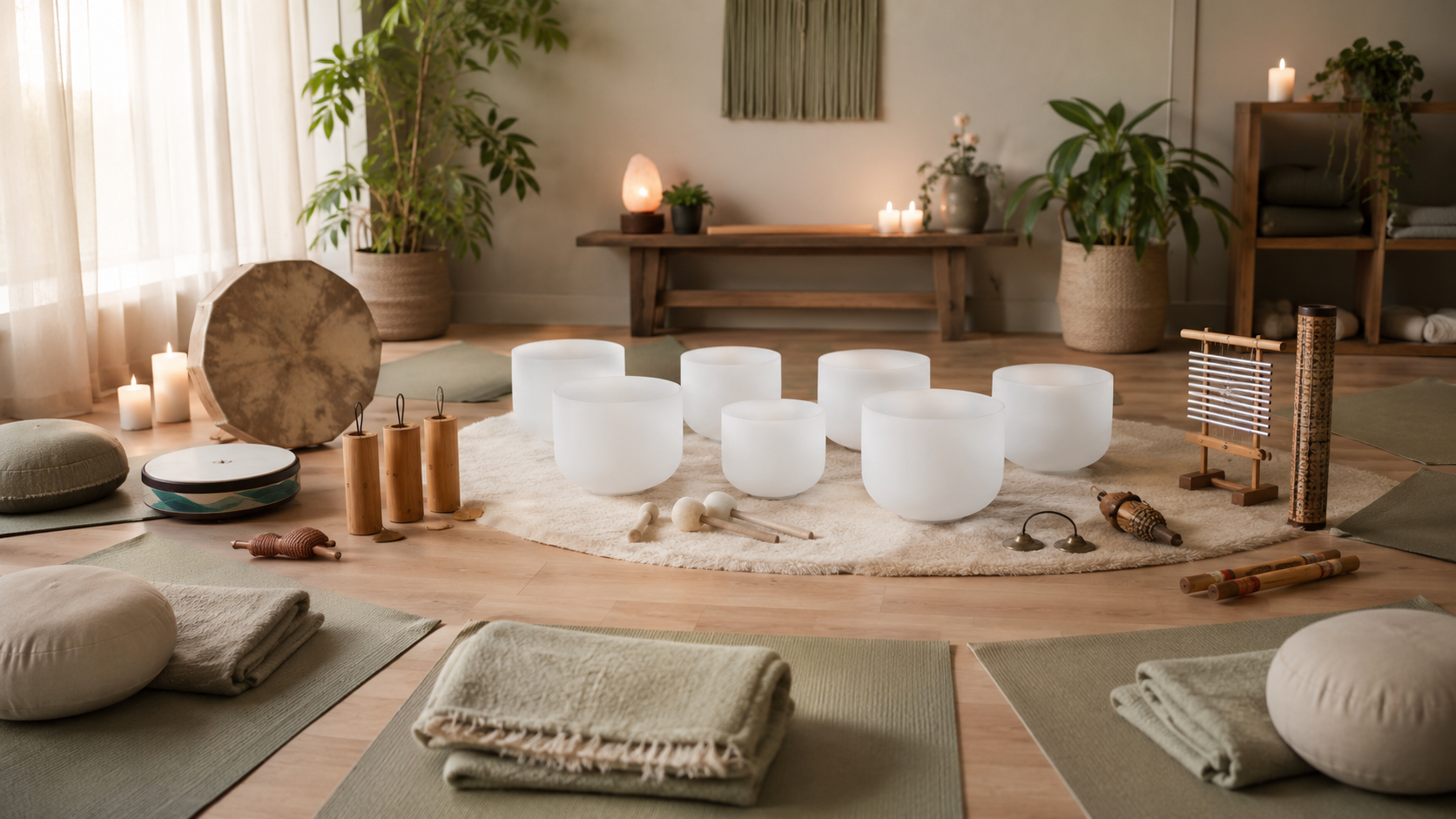 Crystal singing bowls and sound healing instruments arranged for a Guided Grounding sound immersion in South Jersey