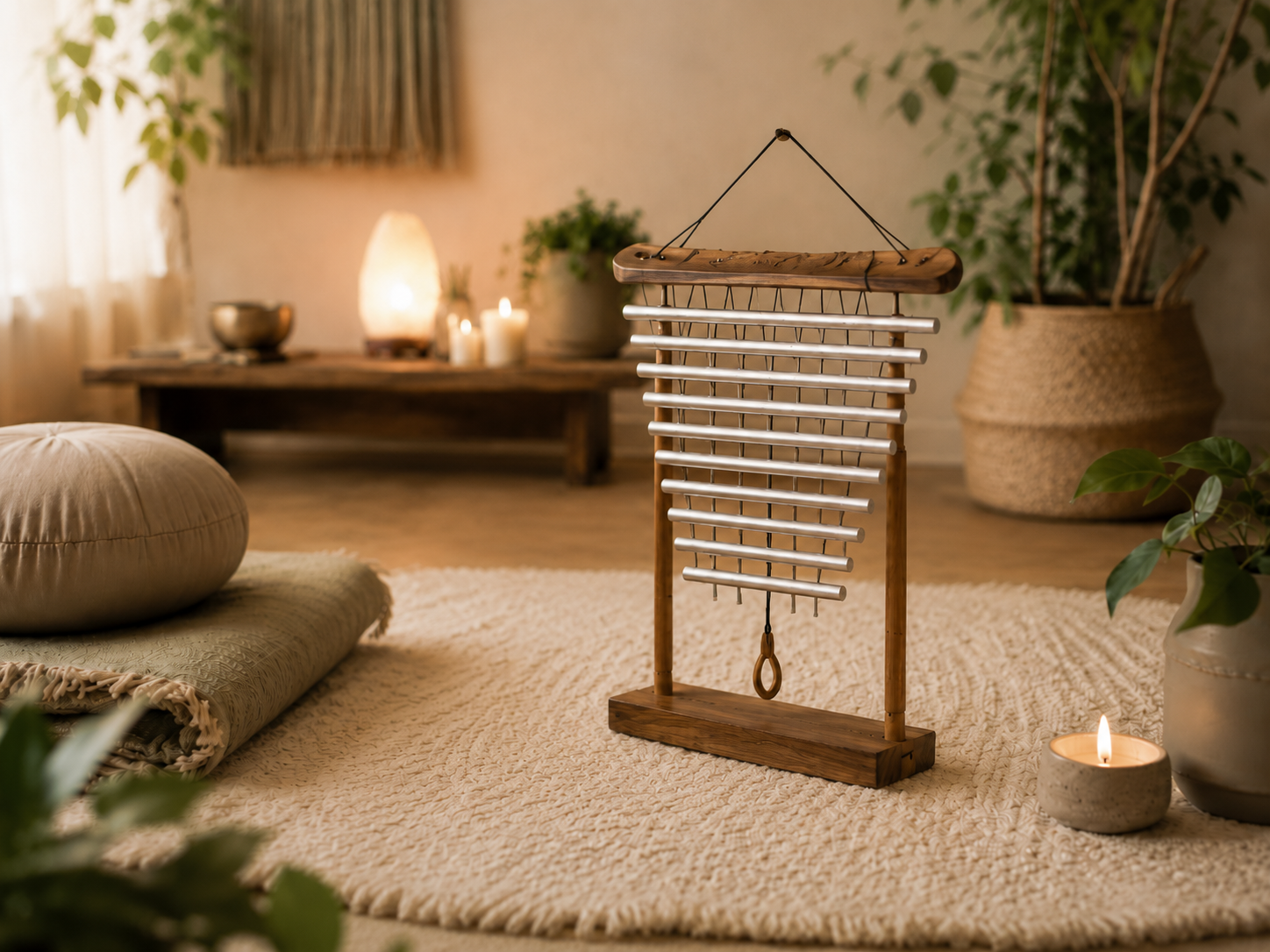 10-note meditation flow chime on its wooden stand