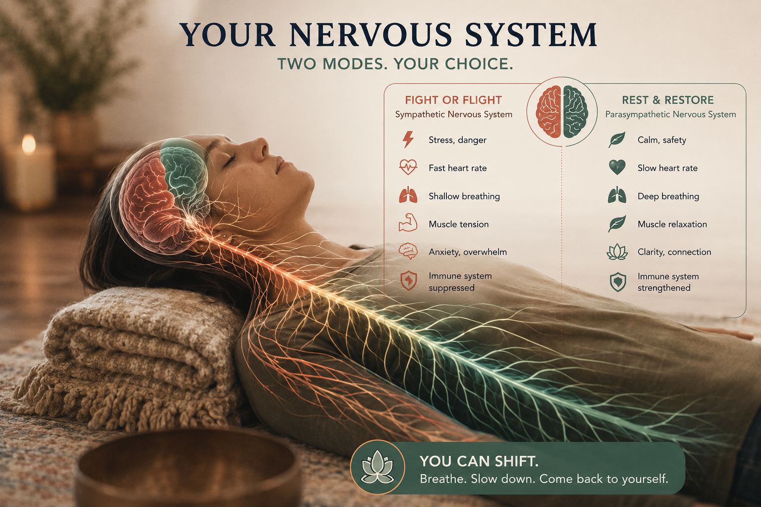 Visual comparison of the fight-or-flight and rest-and-restore modes of the nervous system
