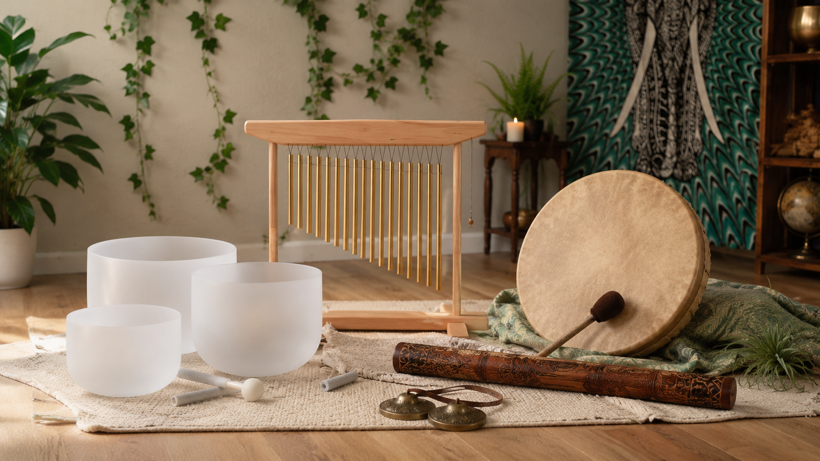Crystal singing bowls, meditation chimes, and drum arranged inside the Guided Grounding studio