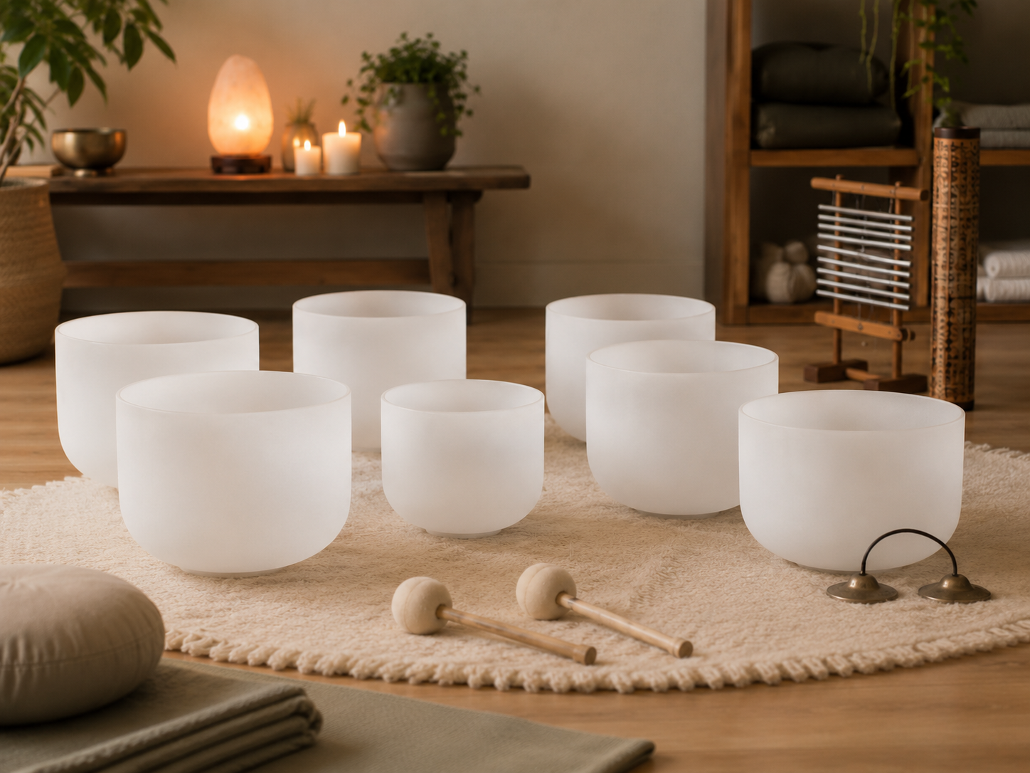 Seven frosted crystal singing bowls used during Guided Grounding sessions