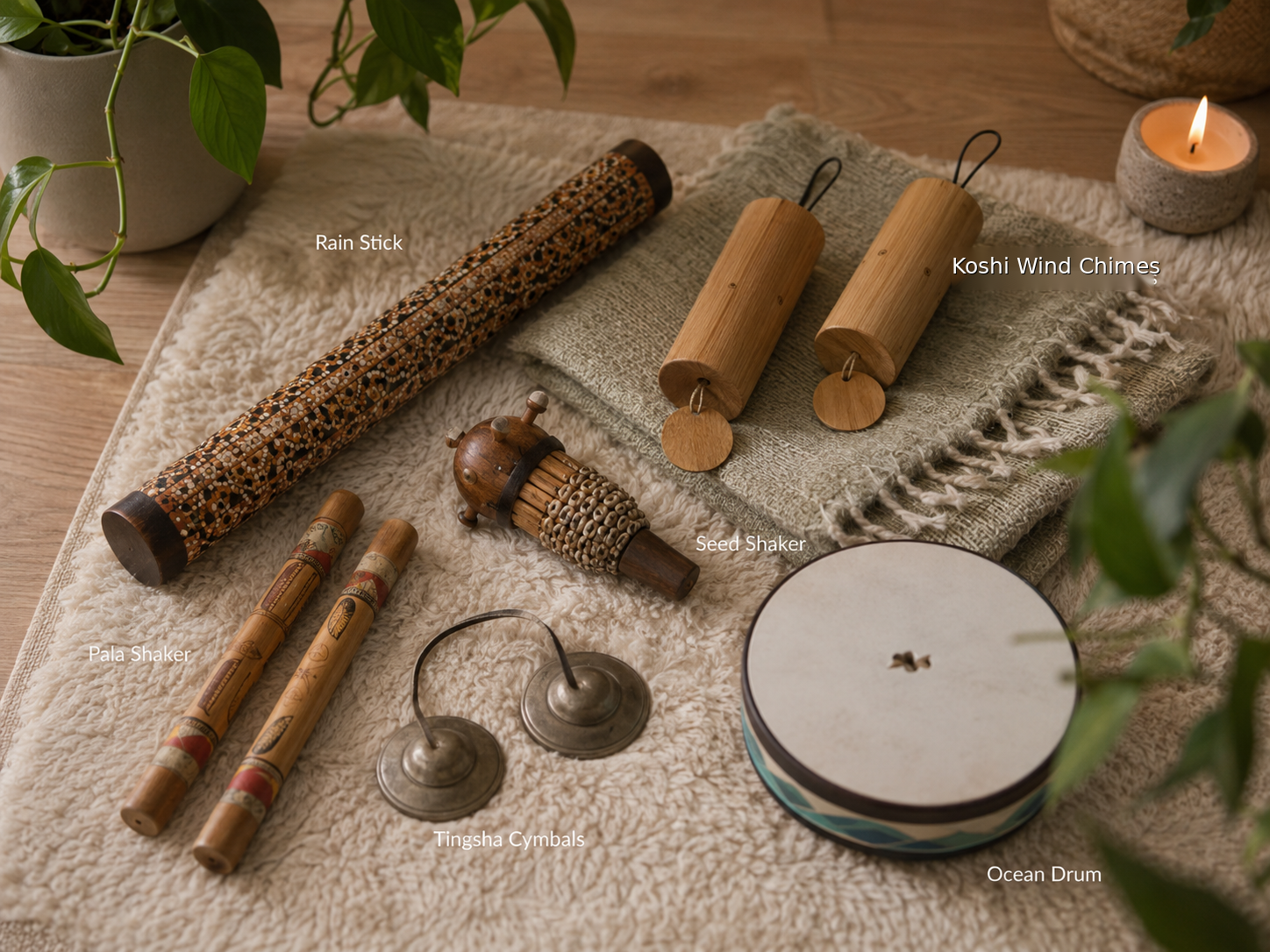Labeled Guided Grounding instruments including rain stick, Koshi wind chimes, seed shaker, Pala shaker, Tingsha cymbals, and ocean drum