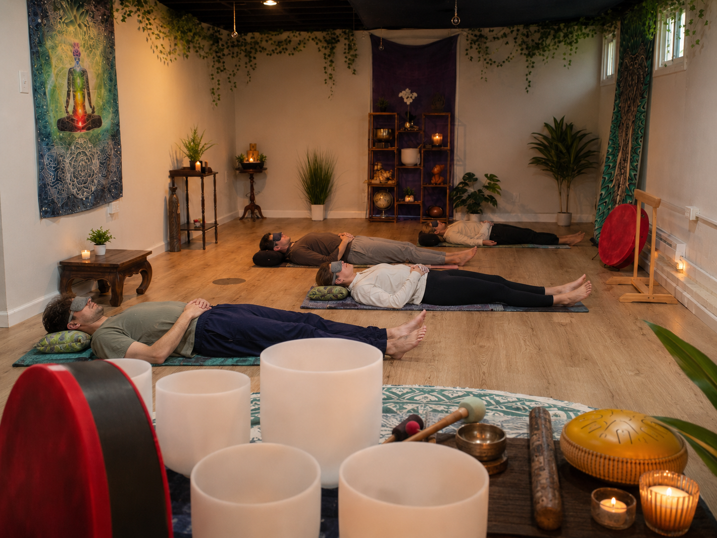 A small group resting during a Guided Grounding sound immersion in the studio