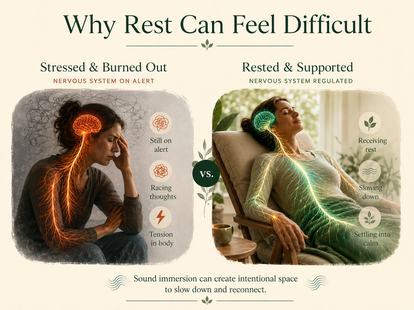 Visual comparison of a stressed nervous system on alert and a regulated nervous system able to receive rest