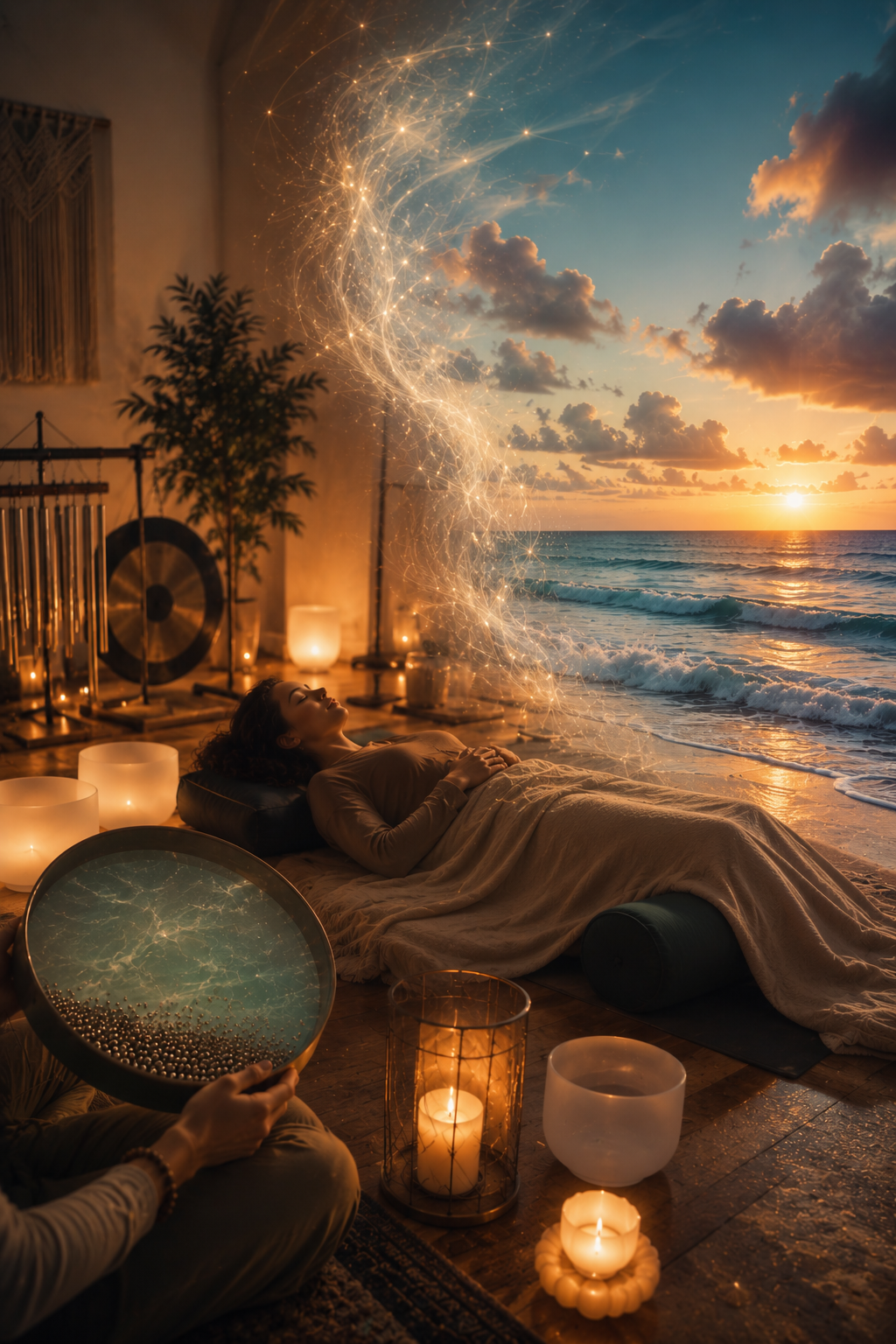 A participant resting during a Guided Grounding sound bath as the experience transitions visually toward the ocean